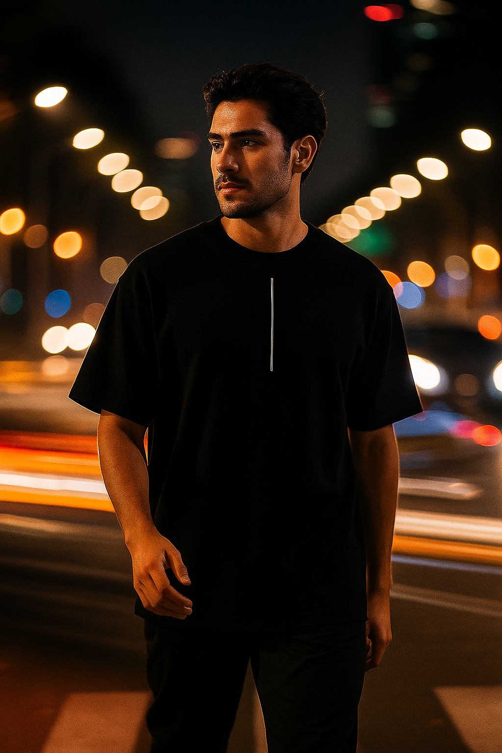 Playera Noir Club negra en escena nocturna urbana
