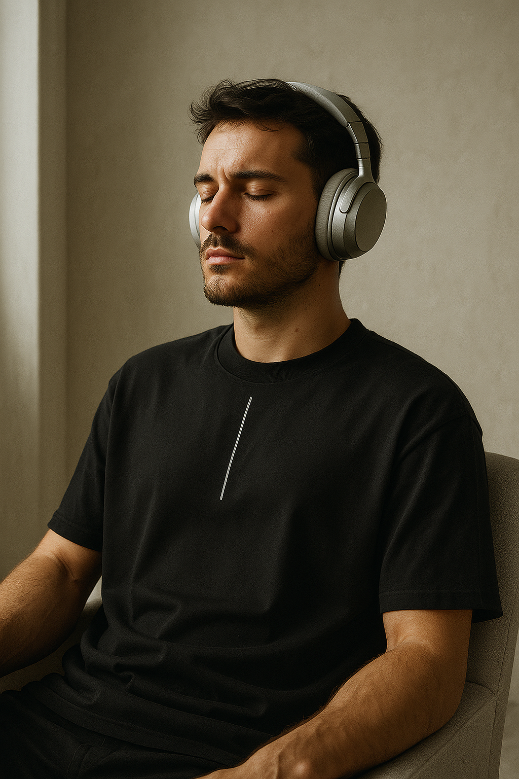 Playera Noir Club usada en un ambiente relajado con audífonos, estilo moderno y minimalista