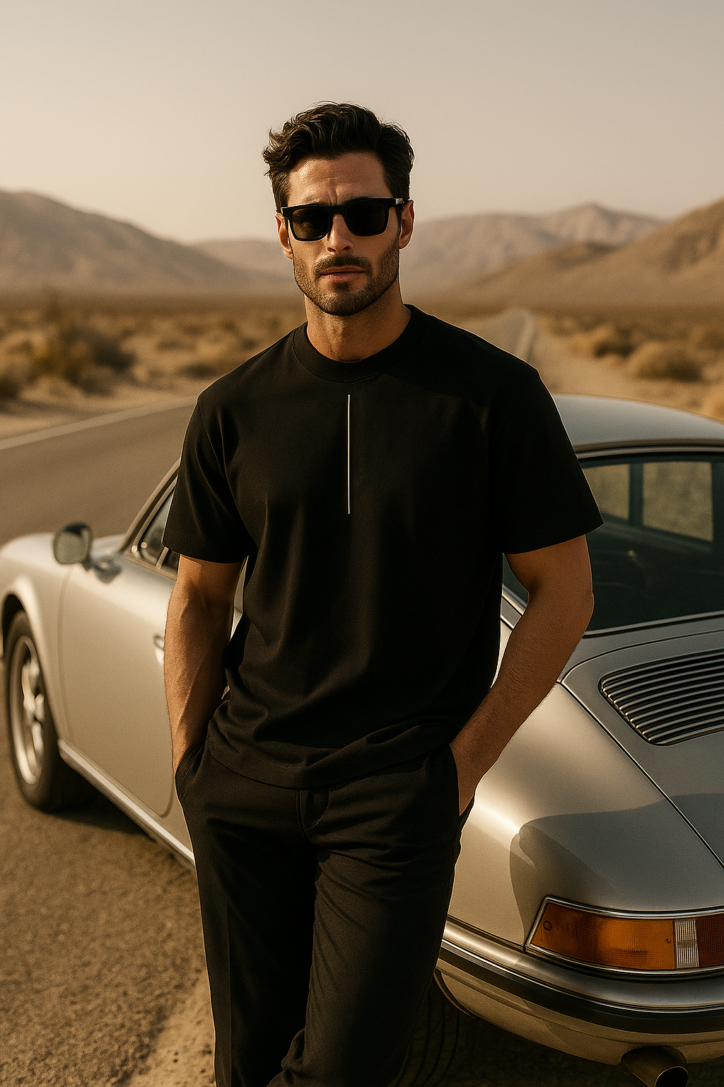 Playera Noir Club negra en carretera desértica con auto clásico